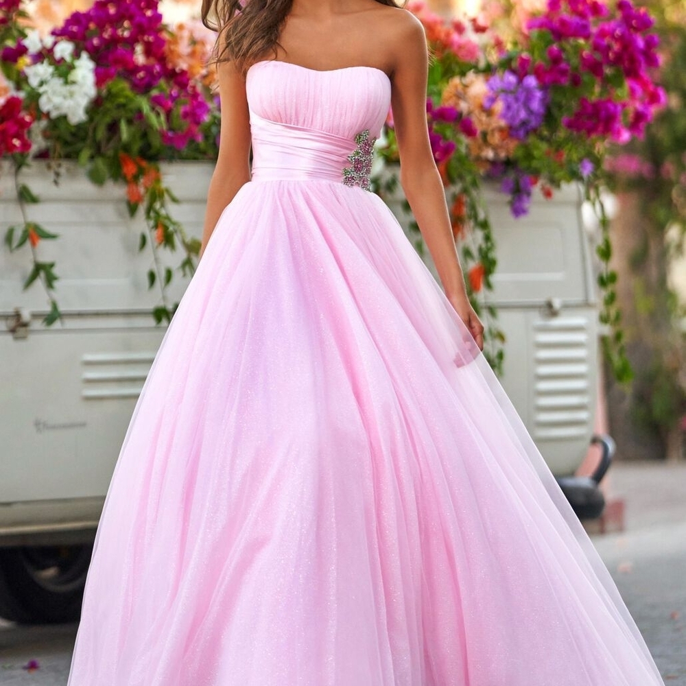 Sherri Hill Strapless Light Pink Ball Gown with Satin Waistband - Picture 2 of 7